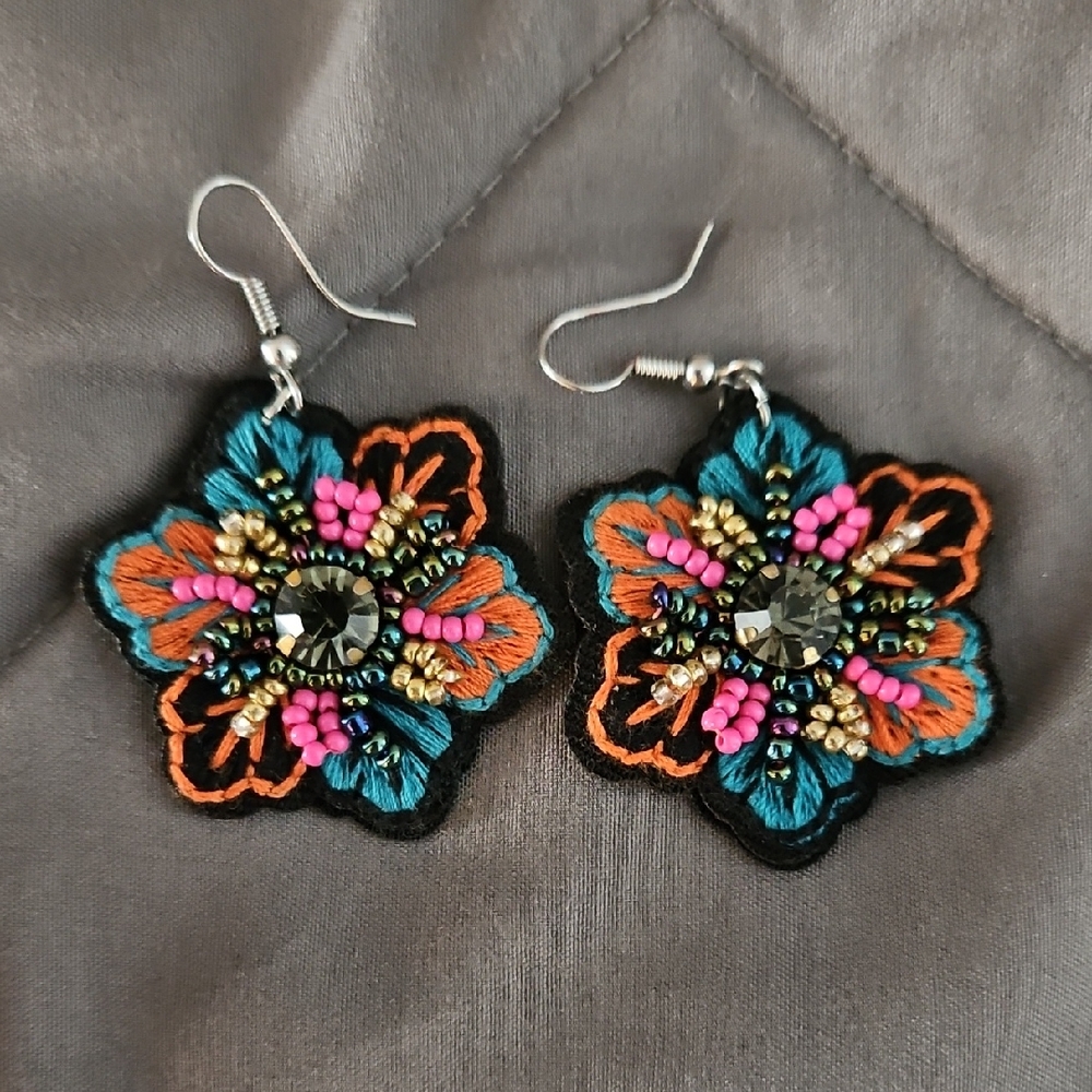 Floral Embroidered Earrings with Beads